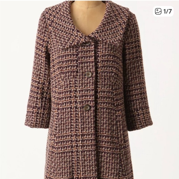 Anthropologie Tiny Umbered Houndstooth Pea Coat Boucle Fur Brown Purple Jacket S - Picture 3 of 16